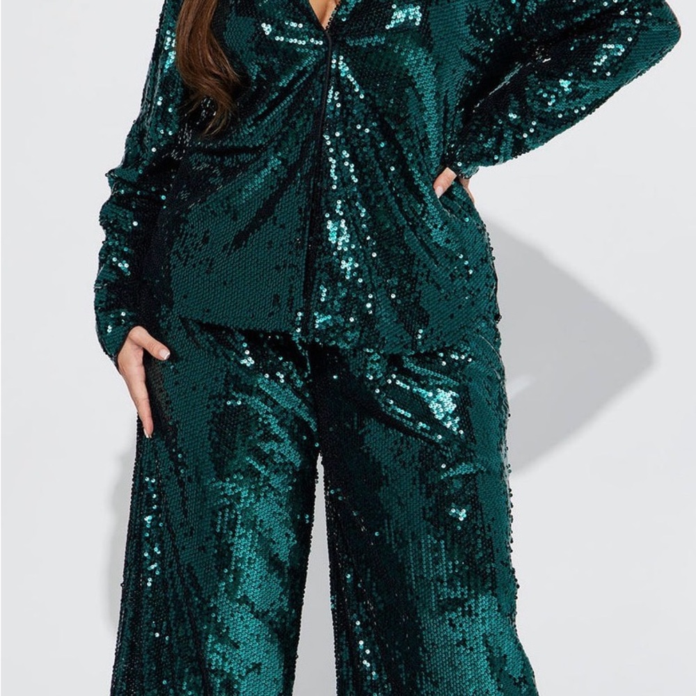 Fashion Nova Emerald Green Sequin Boot Flare Pants